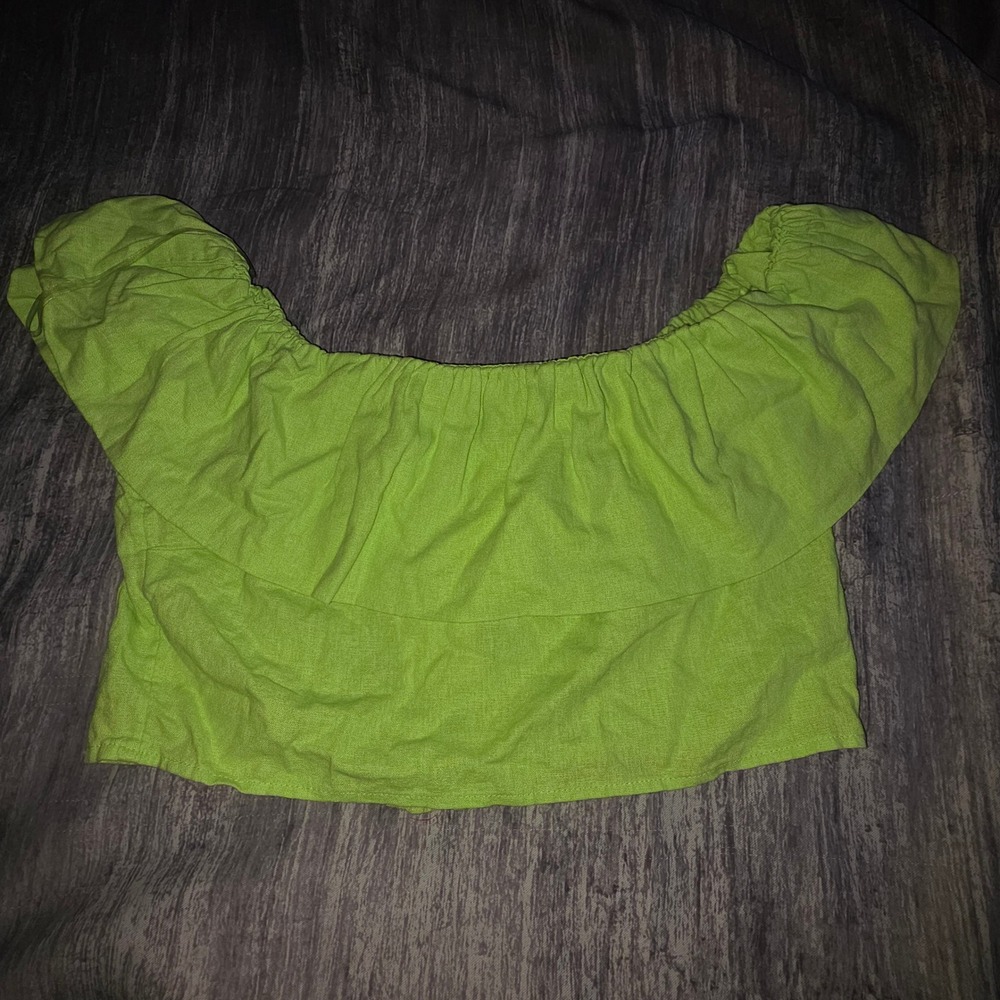 A New Day Womens XL Lime Green Linen Blend Off The Shoulder Ruffle Crop Top NEW